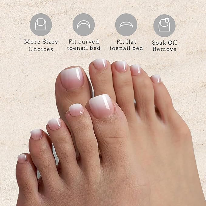 Press on Toenails Short,216Pcs Summer Pink Ombre Toenail Press Ons Square for Women,Soft Gel Toe Nail Tips, Light Weight & Fit Perfectly,Soak off Acrylic Fake Toe Nail Extensions 12 Sizes