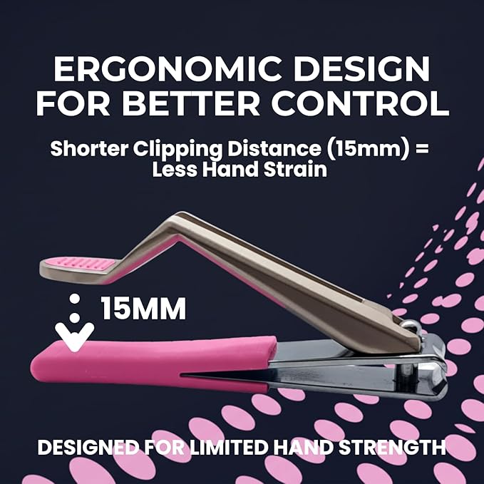 Nail Clippers, Stylish, Comfortable for Seniors, Fingernails, Premium Stainless Steel, Curved Edge, Wide Jaw, Ergonomic, Thumb Rest, Comfort Cuts, Women, Men, Teens, Special Needs, (Pink)