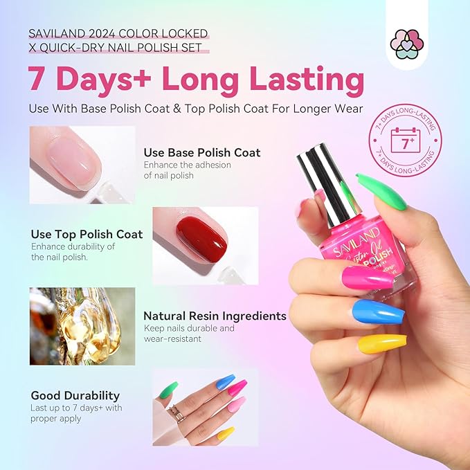 SAVILAND Quick Dry Nail Polish Set: 14 Pcs Neon Summer Nail Polish Fast Dry Hot Pink Red Glitter Nail Polish Regular Fingernail Polish Non Gel with Base-Top Polish for Manicure Nail Art
