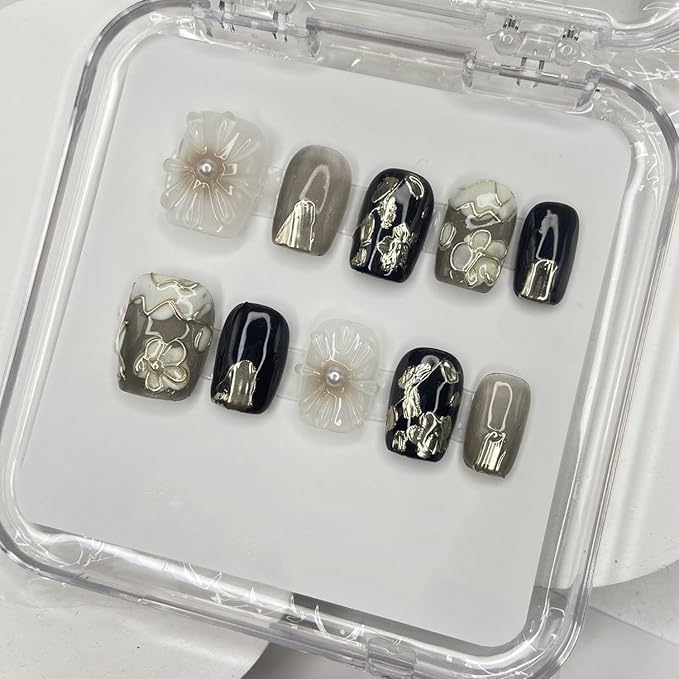 Handmade Press on Nails Short Square Shaped Fake Nails Pearl False Nails Designs Flower Press on Nails Full Cover False Nails Black Acrylic Artificial Nails for Women (Size S)