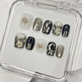 Handmade Press on Nails Short Square Shaped Fake Nails Pearl False Nails Designs Flower Press on Nails Full Cover False Nails Black Acrylic Artificial Nails for Women (Size M)