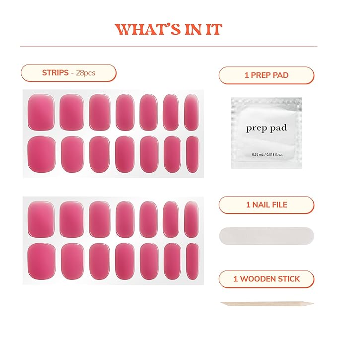 Heyhae Semi Cured Gel Nail Strips | No LED Lamp Needed | Summer, Solid, Red | Easy Apply & Remove, Salon Quality | Includes 28 Strips, 1 Prep Pads, Nail File & Wooden stick - Hey, Grape Escape