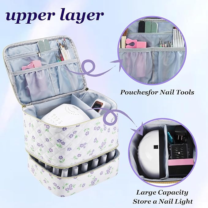 CTWWFS Nail Polish Organizer and Nail Lamp Case, Nail Kit Organizer Holds 30 Bottles (15ml - 0.5 fl.oz) and a Nail Lamp, Nail Polish Carrying Case with Manicure Tools Storage Sections (Purple Flower)