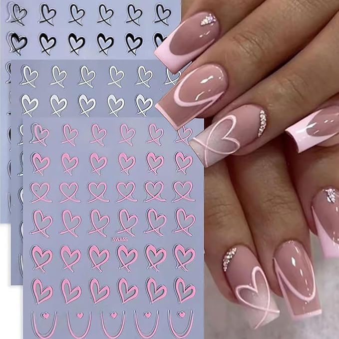 8 Sheets Valentines Nail Art Stickers 3D Self-Adhesive Heart Nail Decals Romantic Black Pink Heart Nail Stickers Design Holiday DIY Manicure Decorations for Women