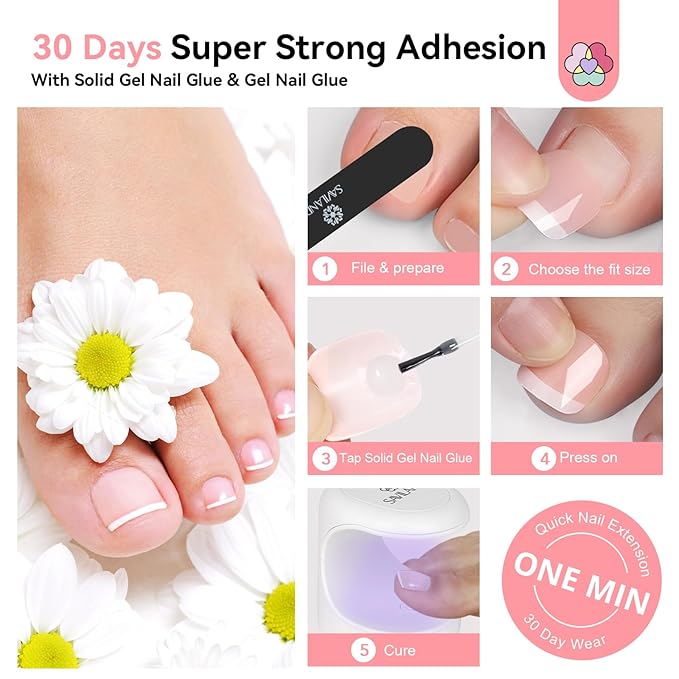 SAVILAND Gel Nail Kit for Toe: 18 Sizes All-In-1 Gel Nail X Kit with U V Light 216 Pcs Pink Toe Nail Press On with Solid Nail Glue VE & Castor Oil LED Nail Lamp Nail Drill Professional DIY Manicure