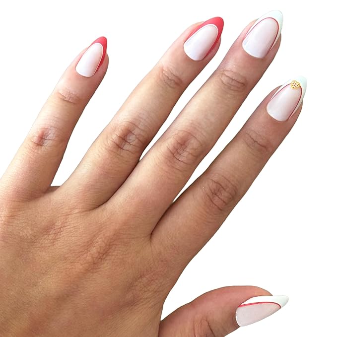 Olive & June Instant Mani Press-On Nails (Glue) | 42 Fake Nails, 21 Sizes | Non-Toxic, Long-Lasting Recycled Materials Realistic Look | Salon-Quality at Home | Medium, Almond | I Heart Pizza French