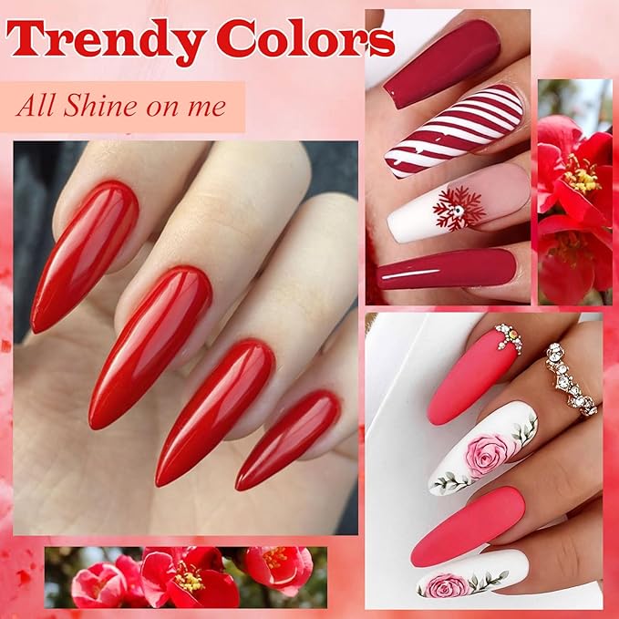 MEET ACROSS 12pcs Gel Nail Polish Set,Soak Off UV LED Lamp Gel Nail Polish Kit,Fashion Shimmer Nail Art Design Gifts for Women Manicure Salon (Red)