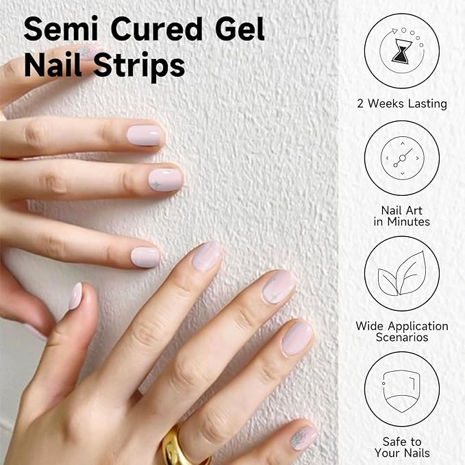 Semi Cured Gel Nail Strips, 28 pcs Nail Gel Stickers Work with Any UV Lights, Long-Lasting Nail Wraps, Stick on Nail Polish for women Easy to Apply & Remove