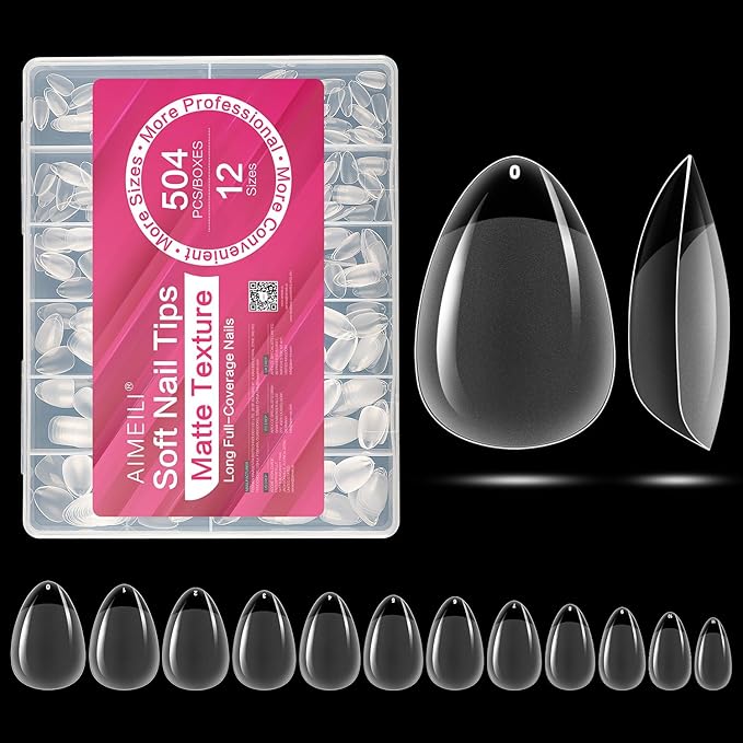 AIMEILI Short Almond Nail Tips, 504Pcs Pre-Shape Clear Short Nails Press On Nail Fake Nails for Nail Extension Full Cover False Nails Gelly Tips DIY Nail Salon 12 Sizes
