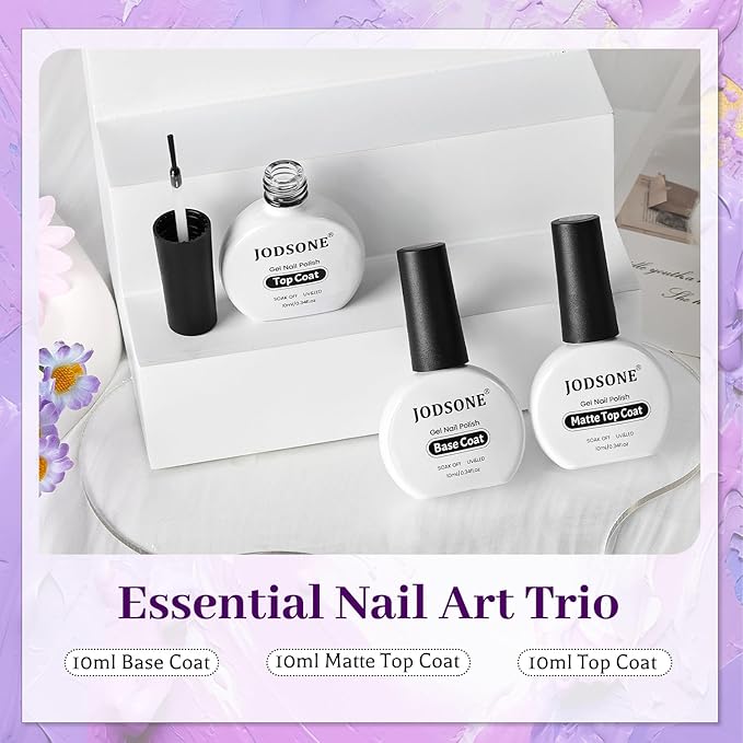 JODSONE 3Pcs Base Coat Glossy Top Coat Matte Top Coat Set Long Lasting Shine and Velvety Finish 10ml Each Salon Quality Nail Care Kit