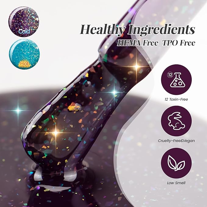 YTD Likomey Color Changing Gel Nail Polish 2 Pcs Set,15ml Turquoise To Dark Purple Color and Glitter Nails Gel Kit,Thermal Ombre Change Colors Salon Manicure Fall Winter UV Nail Varnish,WB2-6