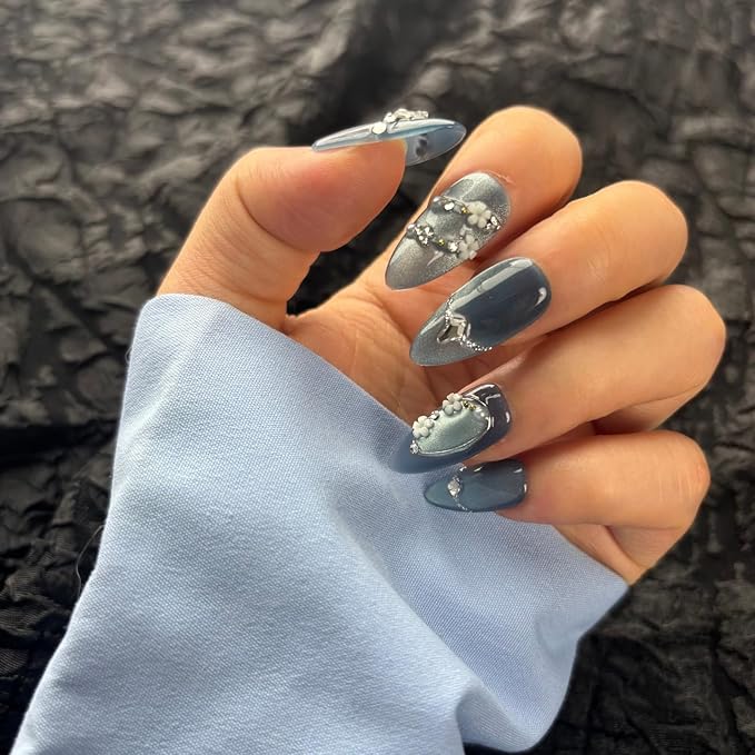 Handmade Press On Nails Medium Almond,10Pcs Dark Blue Acrylic Fake Nails,Glue On Nail with The Flower of Growth Charms for Woman Daily Wear&Break Up Party（Design Concept:Lost & Hope）