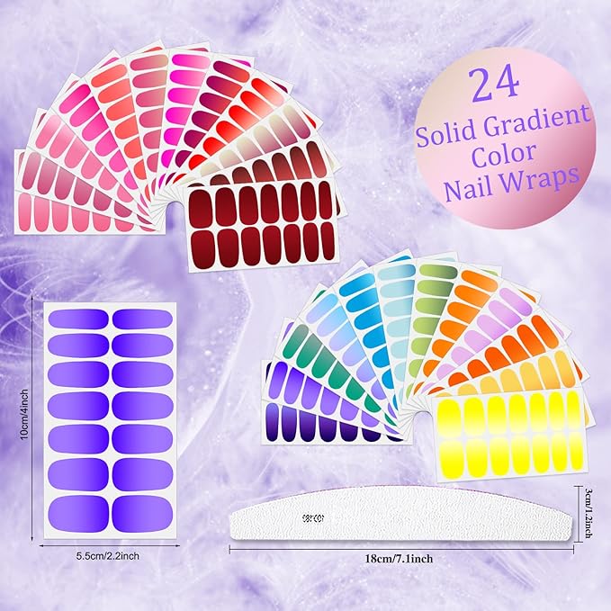 24 Sheets Gradient Solid Color Nail Polish Strips, Self-Adhesive Bright Color Nail Polish Stickers, Nail Wraps, Nail Art Accessories