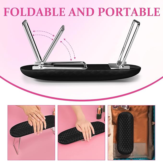 AORAEM Nail Arm Rest, Foldable Leather Nail Arm Rest with Non-slip Sleeve, Internal Sponge Filled Arm Rest Pillow with Metal Bracket, Nail Hand Rest for Home Use and Nail Salon Use (Black)