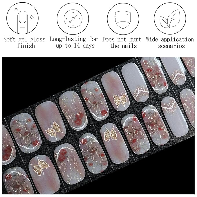 20Pcs Pink Semi Cured Gel Nail Strips Rose Flower Summer Gel Nail Stickers with Butterfly Design Self Adhesive Glitter Nails Wraps UV/LED Light Needed Glossy Nails Polish Strips for Women