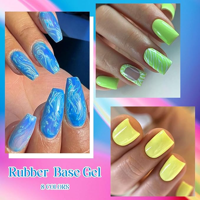 MEET ACROSS Builder Gel Nail Polish 12 Pcs Macaron Rubber Base Gel Polish 3 in 1 Pastel Pink Purple Green Strengthener Swirl Thread Effect Blue Red Soak Off U V Nail Art DIY