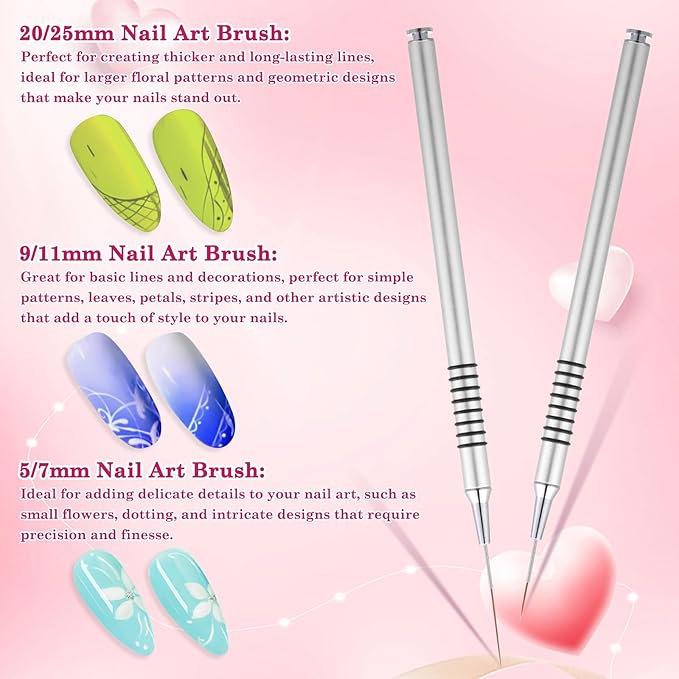 6Pcs Nail Art Liner Brushes Set, Fine Drawing Painting Details Design Striping Brush With Gel Polish Acrylic Handle Gifts Manicure Tools DIY Sizes 5/7/9/11/15/25mm, Silver