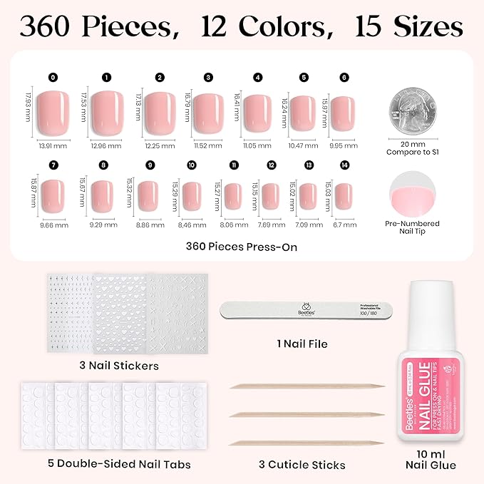 Beetles Press On Nails Kit - Caramel Drift | 360Pcs 12 Colors Short Square Press On Nails | 15 Sizes French Glossy Glitter Jelly With Nail Glue & Nail Tabs Stickers, Fake Nails Kit Art For Women