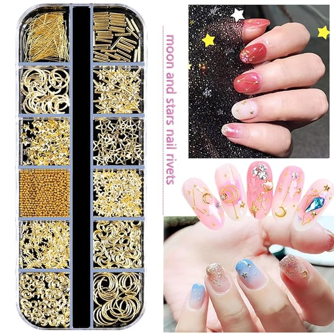 5 Boxes Gold Silver 3D Metal Punk Studs Star Moon Heart Triangle Ring Square Rivet Gems Nail Art Jewels and 4 Sheets Nail Stickers with a Curved Tweezers and a Nail Brush (Gold & Silver)