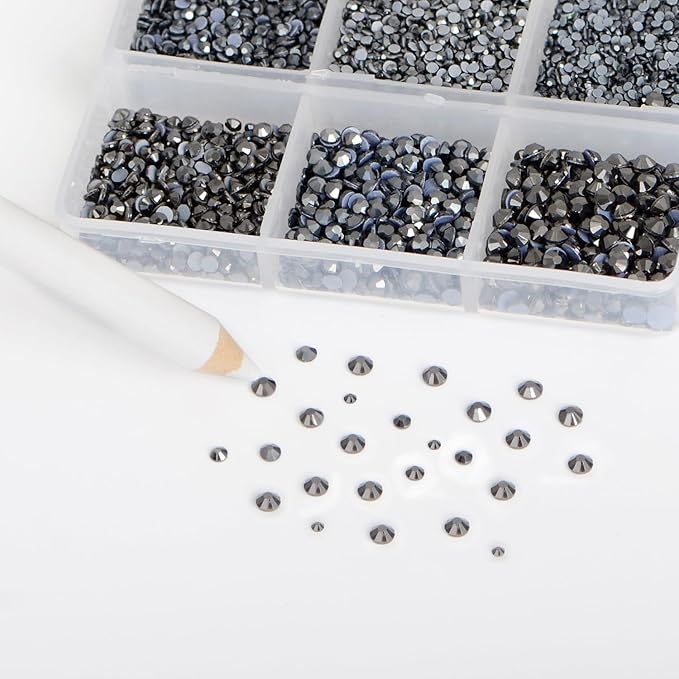 Bymitel Hotfix Crystal Rhinestones Round Gems for Crafts,Mixed 6 Sizes with Wax Pencil Kit, Jet Hematite 1.3-3.2mm(SS3-SS12/8000pcs)