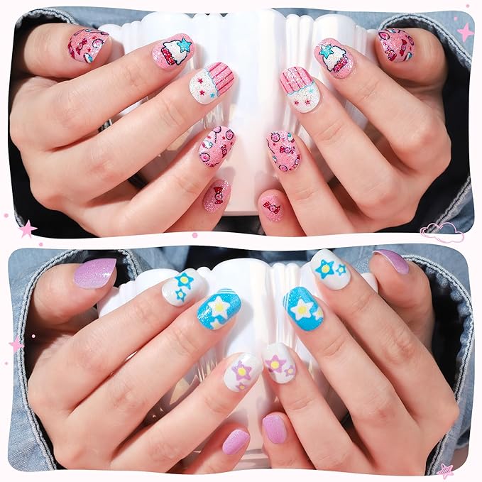 Teenitor 216pcs Kids Press On Nails for Girls, 9 Styles of 8-12 Years Girls Press On Nails for Kids, Full Cover Fake Nails for Little Girl, Short Acrylic Nails Set