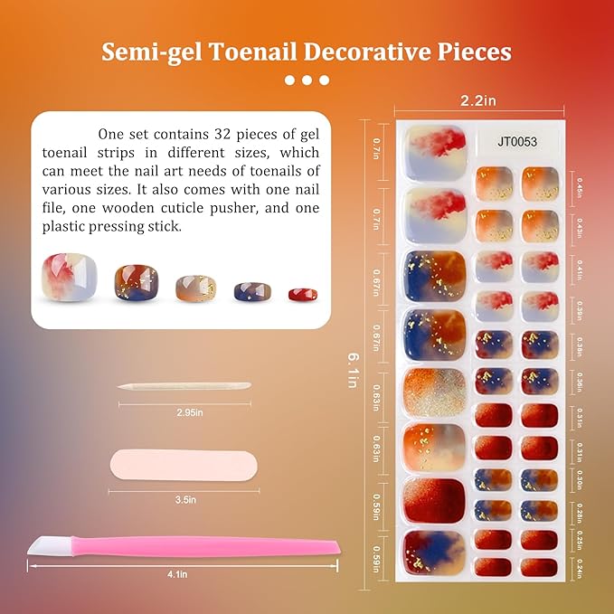 SILPECWEE Semi Cured Gel Nail Strips for Toes (Restful Sunset Glow - 32PCS), UV Light Required | Salon Quality | Long Lasting Toe Nail Stickers Gel Nails Wraps for Women Girl Manicure