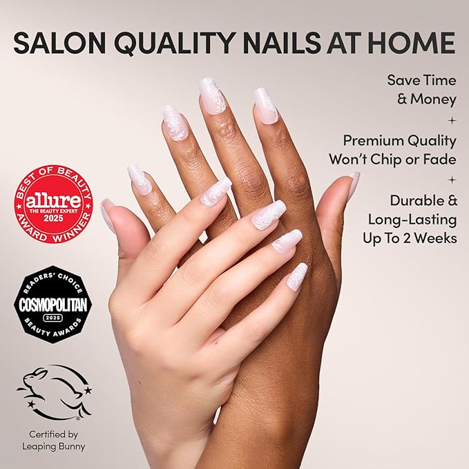 Valentines Day Glamnetic Press On Nails - Lace Blush | Glossy, Matte, Opaque, Medium Coffin Nails, with Lace Detailing, Salon Quality | 15 Sizes - 30 Nail Kit with Glue