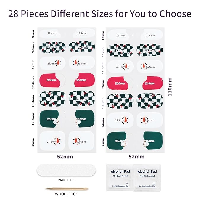 Christmas Semi Cured Gel Nail Strips, 28 pcs Gel Nail Stickers Christmas Tree Snowman Work with Any UV Lamps, Long-Lasting Nail Art Wraps Polish Elk, Salon-Quality, Easy to Apply