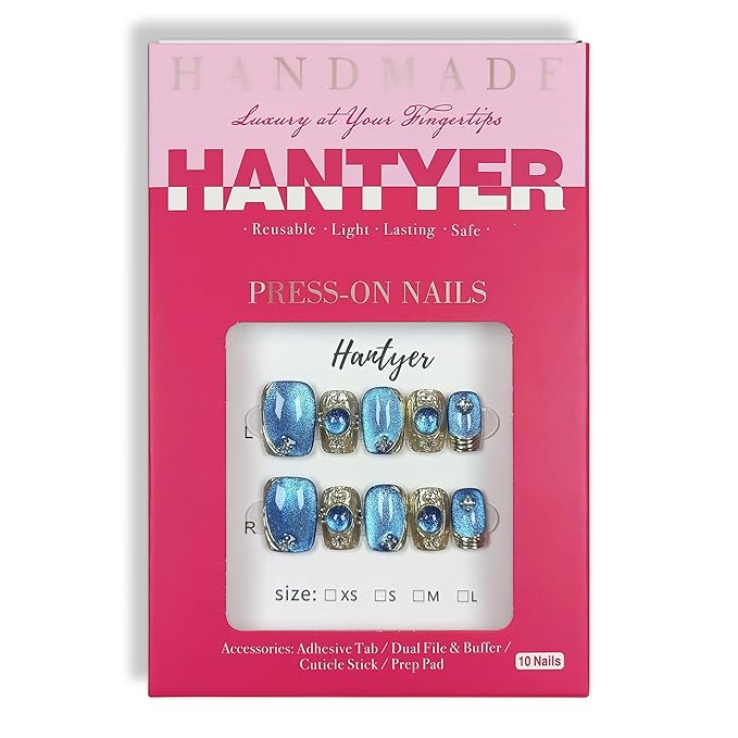 Short Square Press On Nails,Baroque Style Blue Cat Eye Mirror Powder Sparkling Ice Design Fake Nails 10PCS with Tools Kits,Hand-Painted Gold Luxury False Nails for Elegant Daily Wear(M)