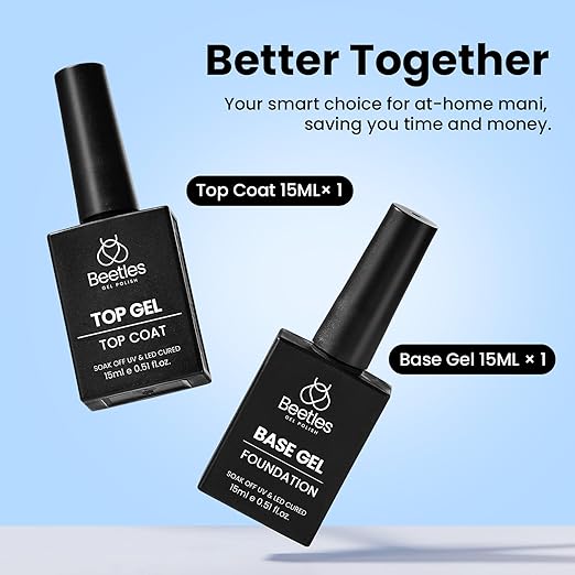 Beetles No Wipe Gel Top Coat and Base Coat Set for Gel Nail Polish - 2Pcs 15ml Super Shiny and Long Lasting Soak Off UV/LED Lamp Nail Art Design Gift