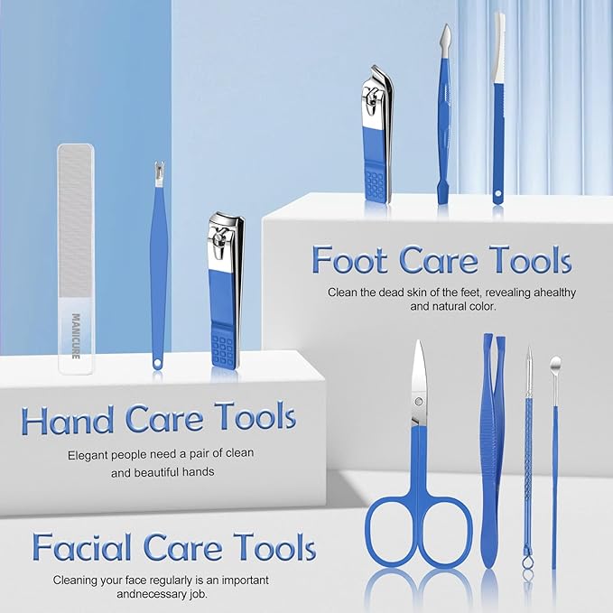 Manicure Set 10 pcs Professional Care Manicure kit for Men,complete toe nail and pedicure clippers set Beauty Tools with Luxurious Travel Case(Blue)