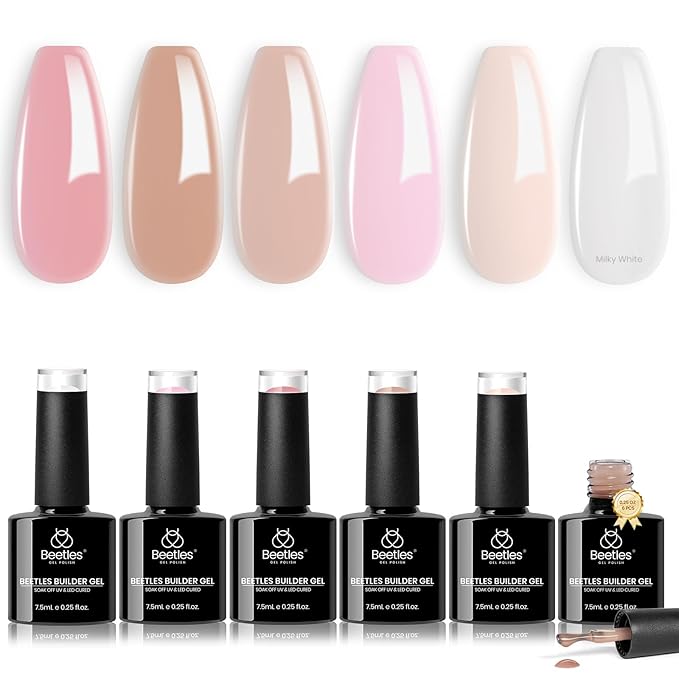 Beetles Builder Gel Set-Sheer Luck 6 Colors 8 in 1 Building Apex Strengthening Thickening Extension DIY Salon at Home for Beginner,Nude Pink Builder Nails Gel,UV & LED Lamp Needed