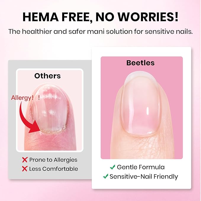 Beetles Gel Nail Kit Etch-X, Almond Medium, 288pcs 12 Sizes Nail Tips, 3Pcs 15ml HEMA-Free Nail Glue Top Coat & Base Gel Set, with Mini Lamp, Press On Nail, Long Lasting Extension DIY Set at Home