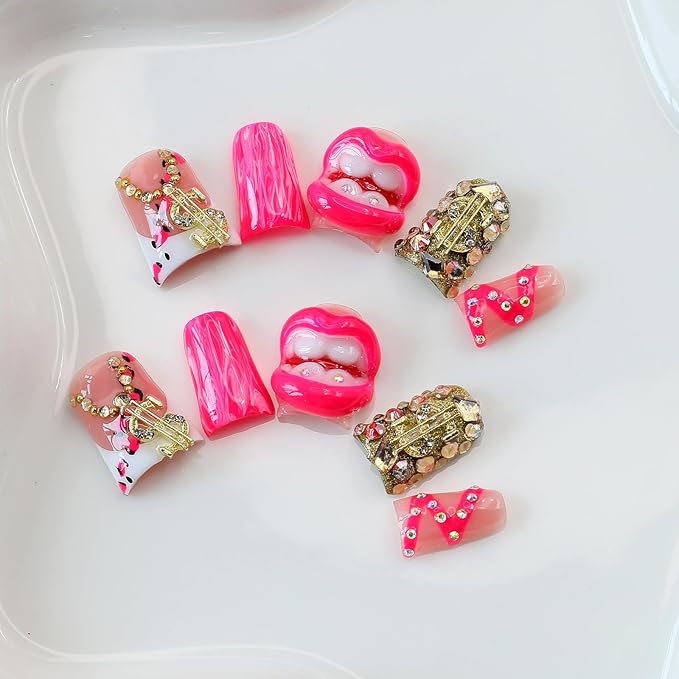10Pcs Handmade Press on Nails Short Duck Fake Nails with 3D Flaming Red Lips Rhinestone Design Funny Multi-Layer Acrylic False Nails Handmade Duck Nails Press ons Reusable Stick on Nail for Women (M)