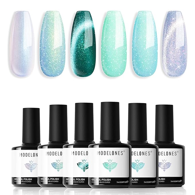 Modelones Gel Nail Polish Set 6 Colors Green Cat Eye Gel Nail Polish White Glitter Light Mint Green Mermaid Pastel Shimmer Polish Soak Off LED Spring Summer Nail Art Salon DIY Gift For Women