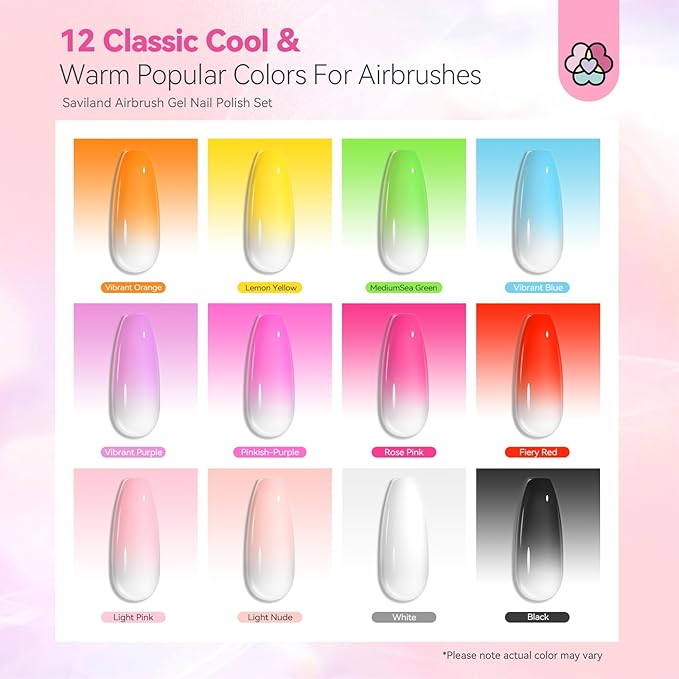 SAVILAND Airbrush Gel Nail Polish Set - New Formula12 Dilution-Free Vitality Colors, Non-Acetone Fine Mist for French & Ombre Nail Art, Home Salon Nail Set