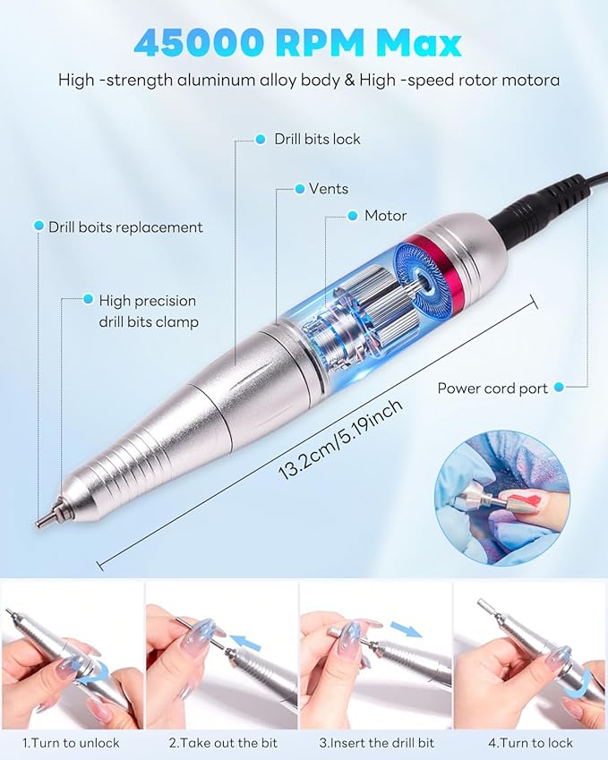 CozyZen Electric Nail Drill Professional: 45000 RPM Nail File Kit Machine with LCD Display, Hand & Foot Control Low Noise for Acrylic, Gel Nails, Manicure & Pedicure - Salon & Home Use