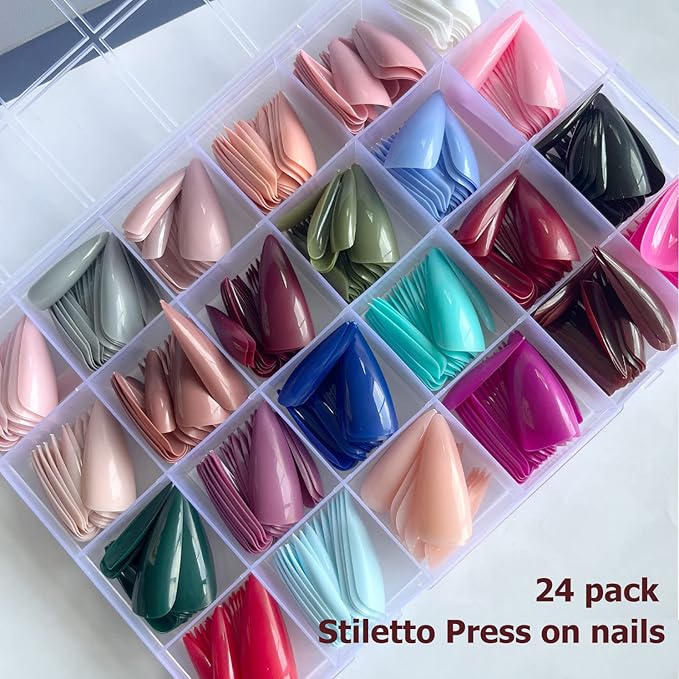 AddFavor 576pcs Long Stiletto Press on Nails 24 Solid Colors Glossy Full Cover Fake Nails Acrylic Artificial False Nail Tips 12 Sizes for Women Girls Nail Art Design