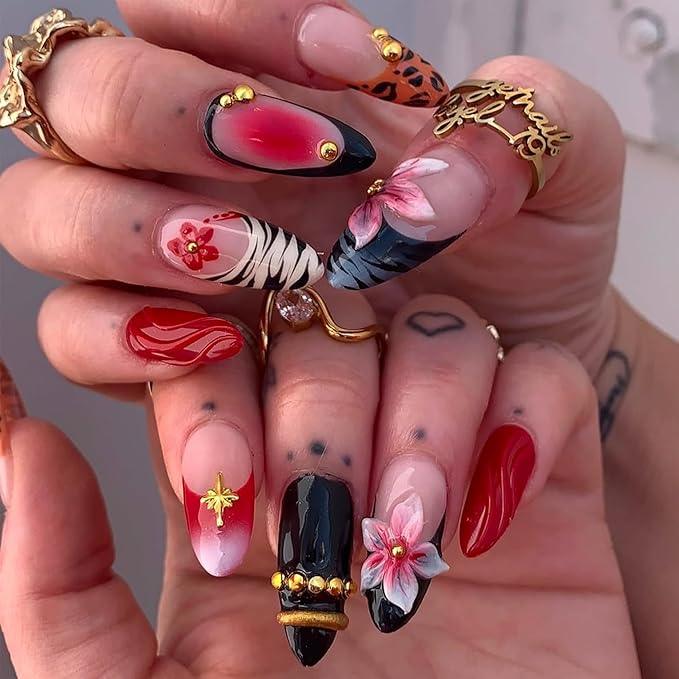 Almond Press on Nails Long Fake Nails Red Artificial Nail Black French Pink Floral and Gold Charm Designs Cute Stick on Nail for Women 24pcs