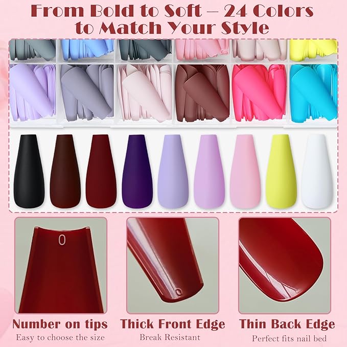 AddFavor Press on Nails Long Coffin Fake Nails, 576pcs 24 Colors Coffin Press on Nails Full Cover Acrylic Nail Press ons, Matte False Nail Tips for Women Glue on Nail