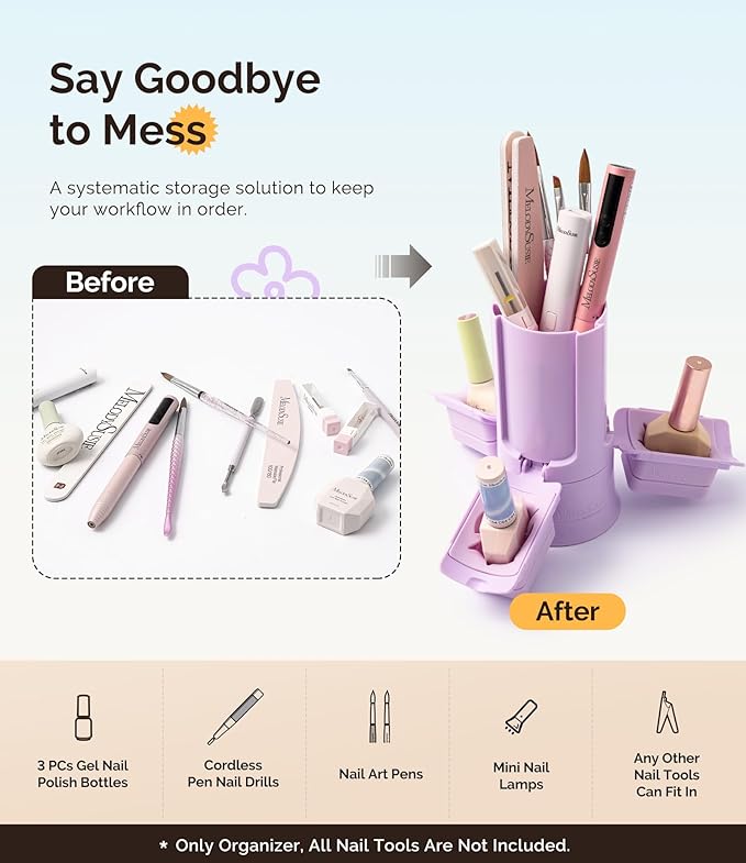 MelodySusie GelCarousel For Nail Polish Bottle Holder and Nail Art Tools Organizer, 360° Rotating Storage Container with 3Pcs Detachable Silcone Gel Polish Holder, Purple(Only Box)