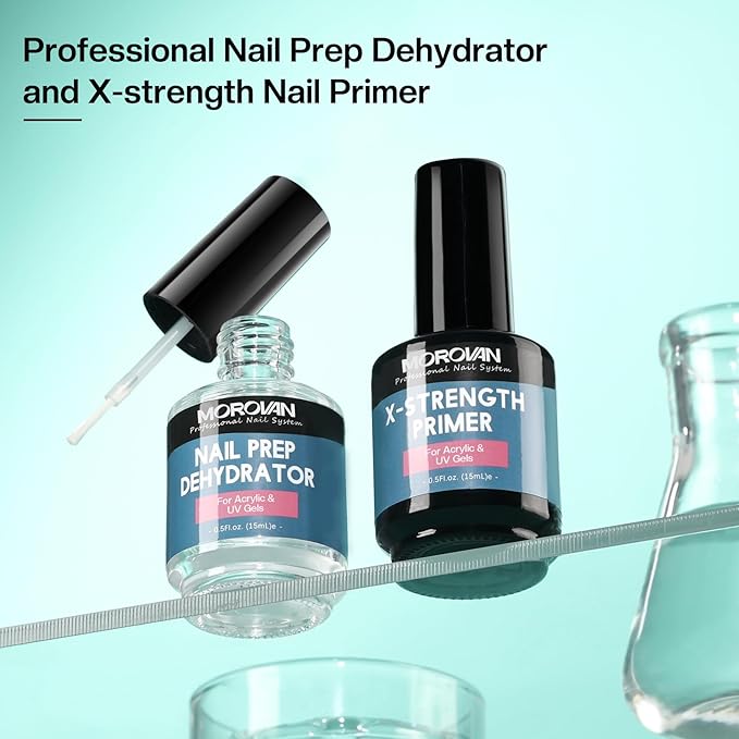 Morovan Nail Prep Dehydrate and Primer X-strength, No Burn Non Acid Nail Primer and Dehydrator for Acrylic Powder Fast Dry 0.5oz