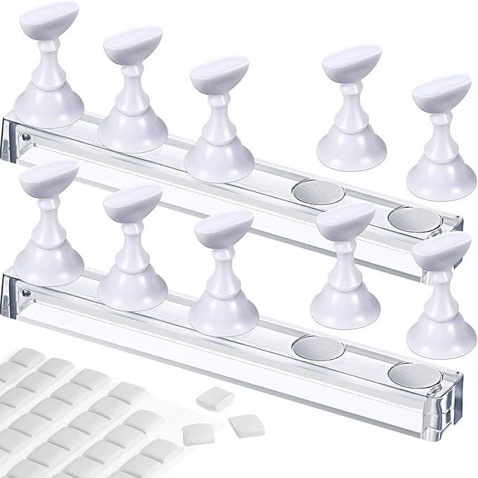 Blulu 2 Set Nail Stand for Painting Press Nail Holder Acrylic Magnetic Tips Training Fingernail Display Stands DIY Crystal Holders and 96 Pieces White Reusable Adhesive Putty(White)