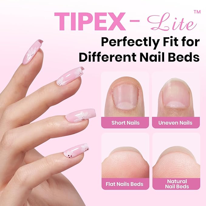 Beetles Tipex Lite Apex Nail Tips Kit,Coffin Short, 192pcs 16 Sizes, with UV Nail Glue, Base & Top Coat, Mini Nail Lamp, Nail Clipper & Cuticle Nipper,Pre-Building Pre-Etched Acrylic Tips Kit