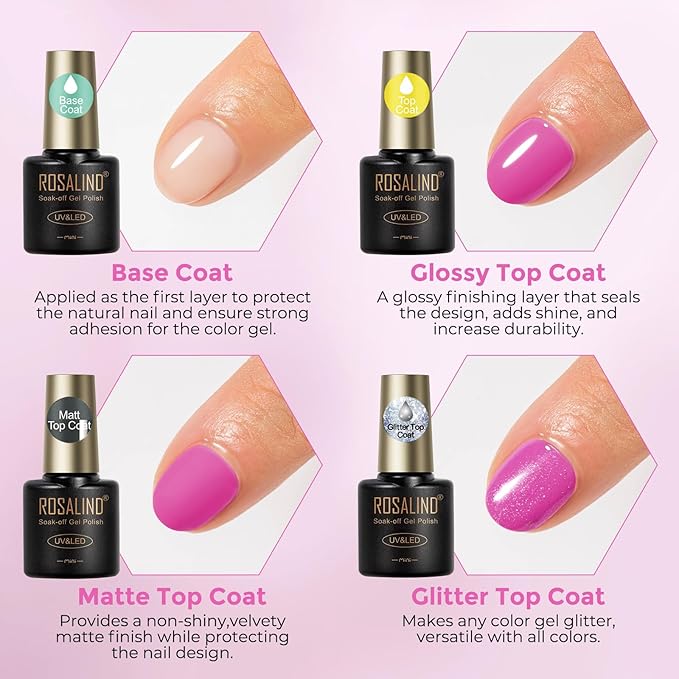 ROSALIND 30pcs Gel Nail Polish Set with Base and Glossy & Matte & Glitter Top Coat, 26 Colors Gel Polish Set Pink Nude Red Yellow Green Black White Nail Kit LED Needed Salon DIY Home Gift for Women
