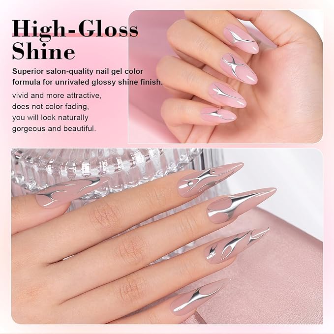 RARJSM Nude Gel Nail Polish Set 6 Colors with Metallic Silver Chrome Gel Liner Sheer Jelly Gray Pale Rose Apricot Pink GelPolish Transparent French Manicure Neutral GelVarnish LED UV Curing Requires