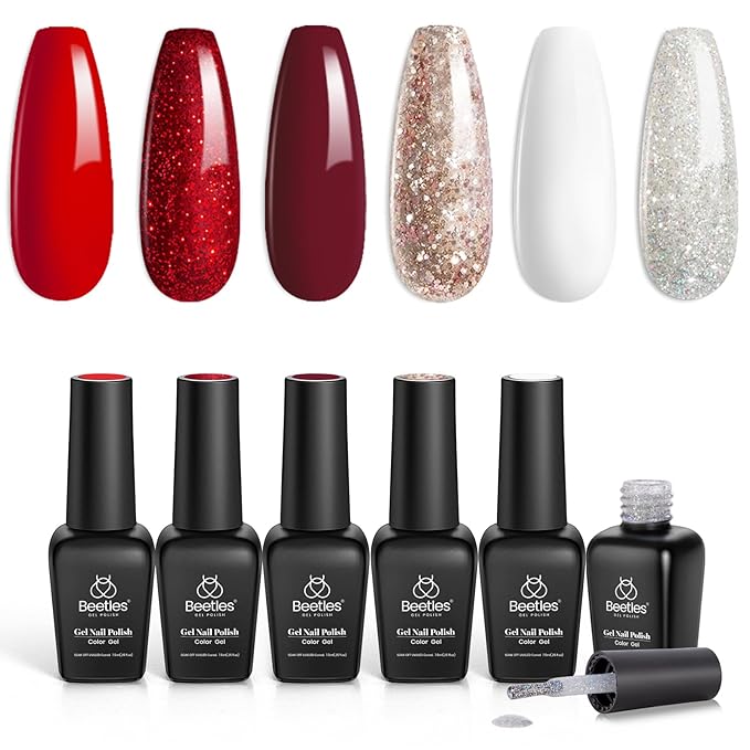 beetles Gel Polish Set – Snowlit Scarlet New Year Gel Polish Set, 6 Color Burgundy Red Glitter White Silver Snow Holiday Sparkle Manicure Kit Soak off UV Nail Art Gifts for Women