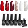 beetles Gel Polish Set – Snowlit Scarlet New Year Gel Polish Set, 6 Color Burgundy Red Glitter White Silver Snow Holiday Sparkle Manicure Kit Soak off UV Nail Art Gifts for Women