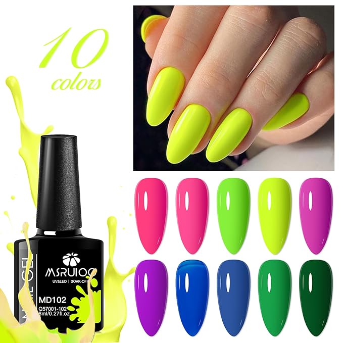 12Pcs Neon Gel Nail Polish Kit Hot Pink Green Purple Blue Gel Polish Kit with Base Top Coat for Nail Art DIY 10 Colors