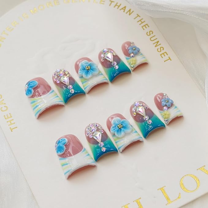 10pcs Handmade Press on Nails Medium Duck Curve Shape – 3D Floral Mushroom Jelly Shell Bow Cherry Chrome Bling Thick Reusable Fake Nails,Boho Y2K Aesthetic Accessories (white green, S)